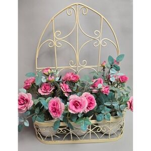 Wall Decor Metal Flower Holder Pink Roses Faux Floral Cottage Chic Decor